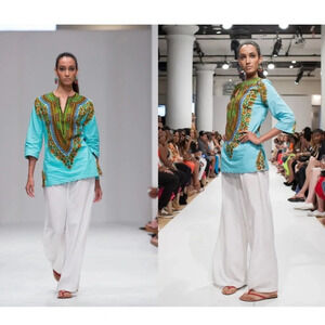 Judith + James 3/4 sleeve African tunic top NY Fashion Week SZ XL turquoise